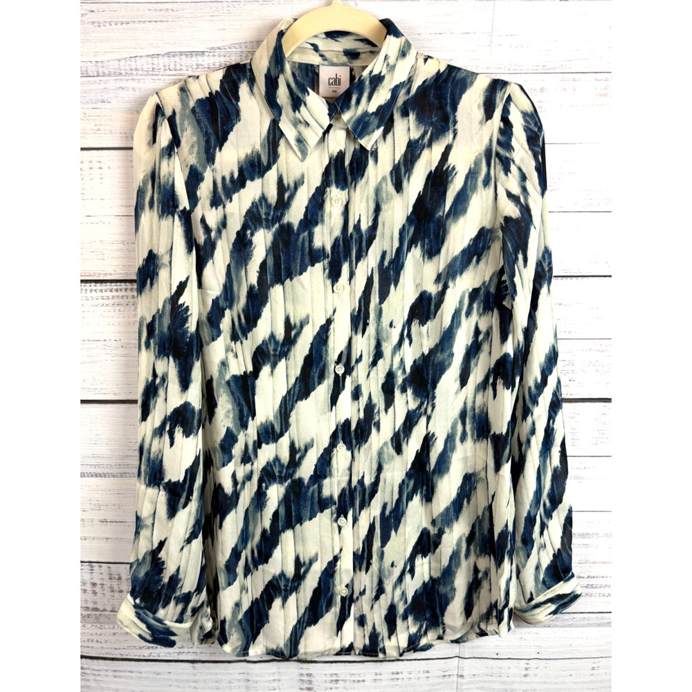 CABI blue cream button down striped long sleeve blouse size SM